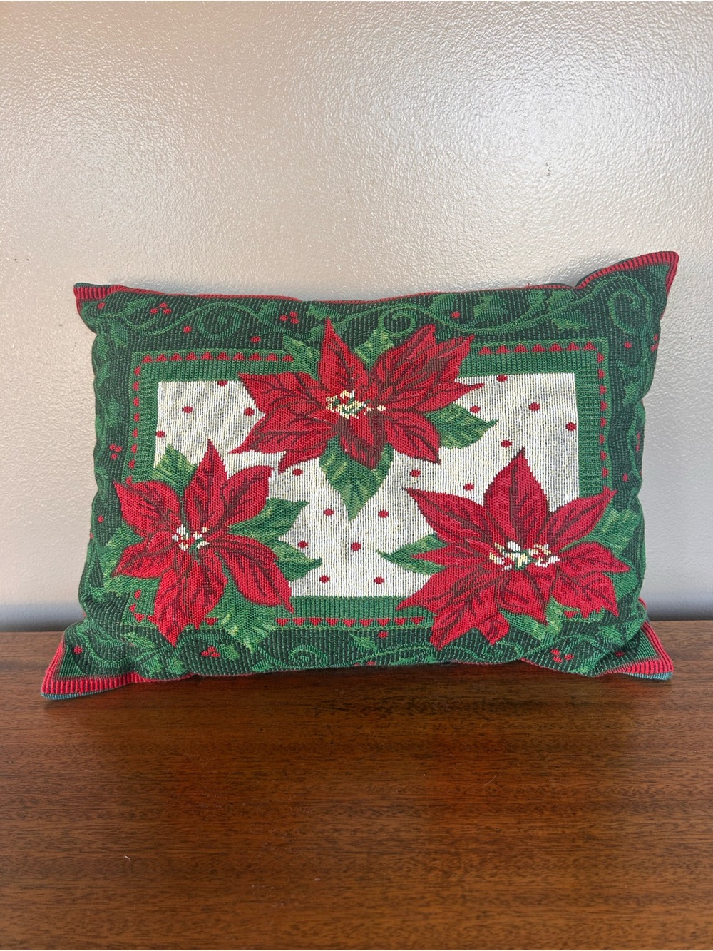 Christmas Tapestry Accent Throw Pillow Red Poinsettias 17x12